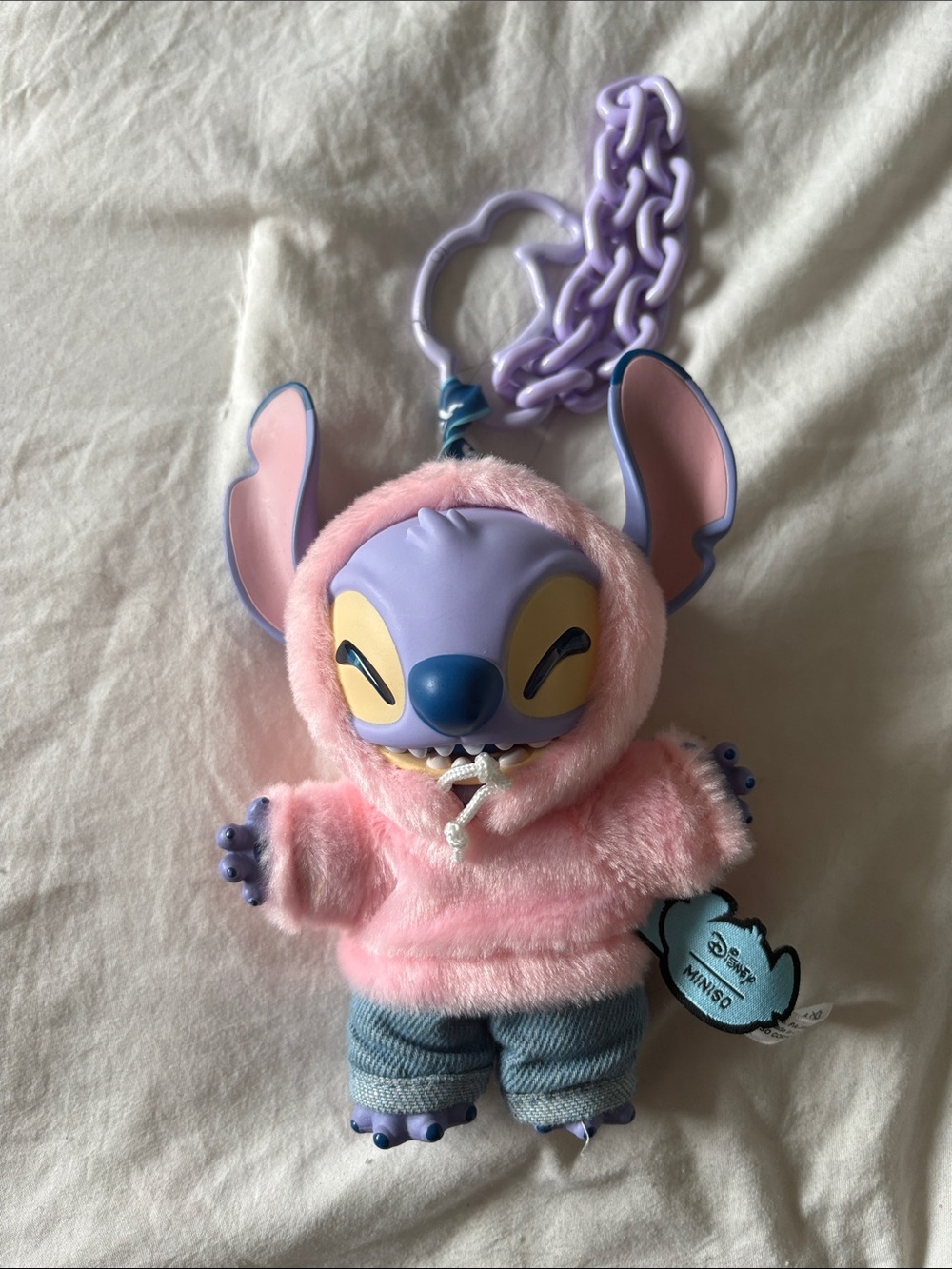 Disney x Miniso Pink Stitch Plush Keychain with Purple Accents